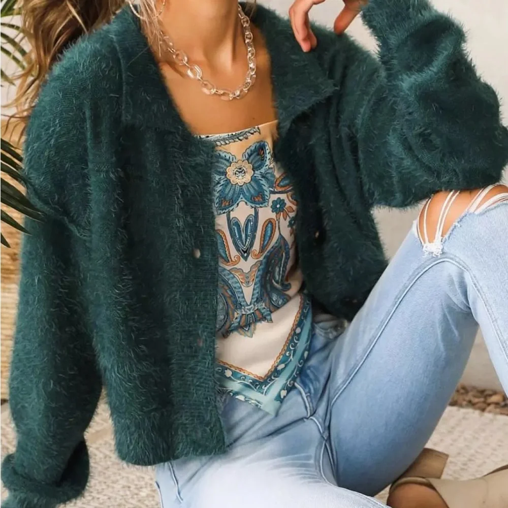 Willow &‎ Root Green eyelash knit cardigan sweater size small